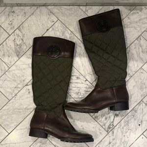 Tory Burch Brown and Green Quilted Winter Boots - leather and quilted fabric